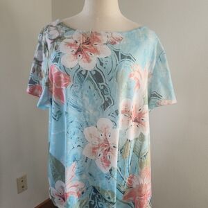 Chico's Floral Short Sleeve Top - Light Blue and Pink